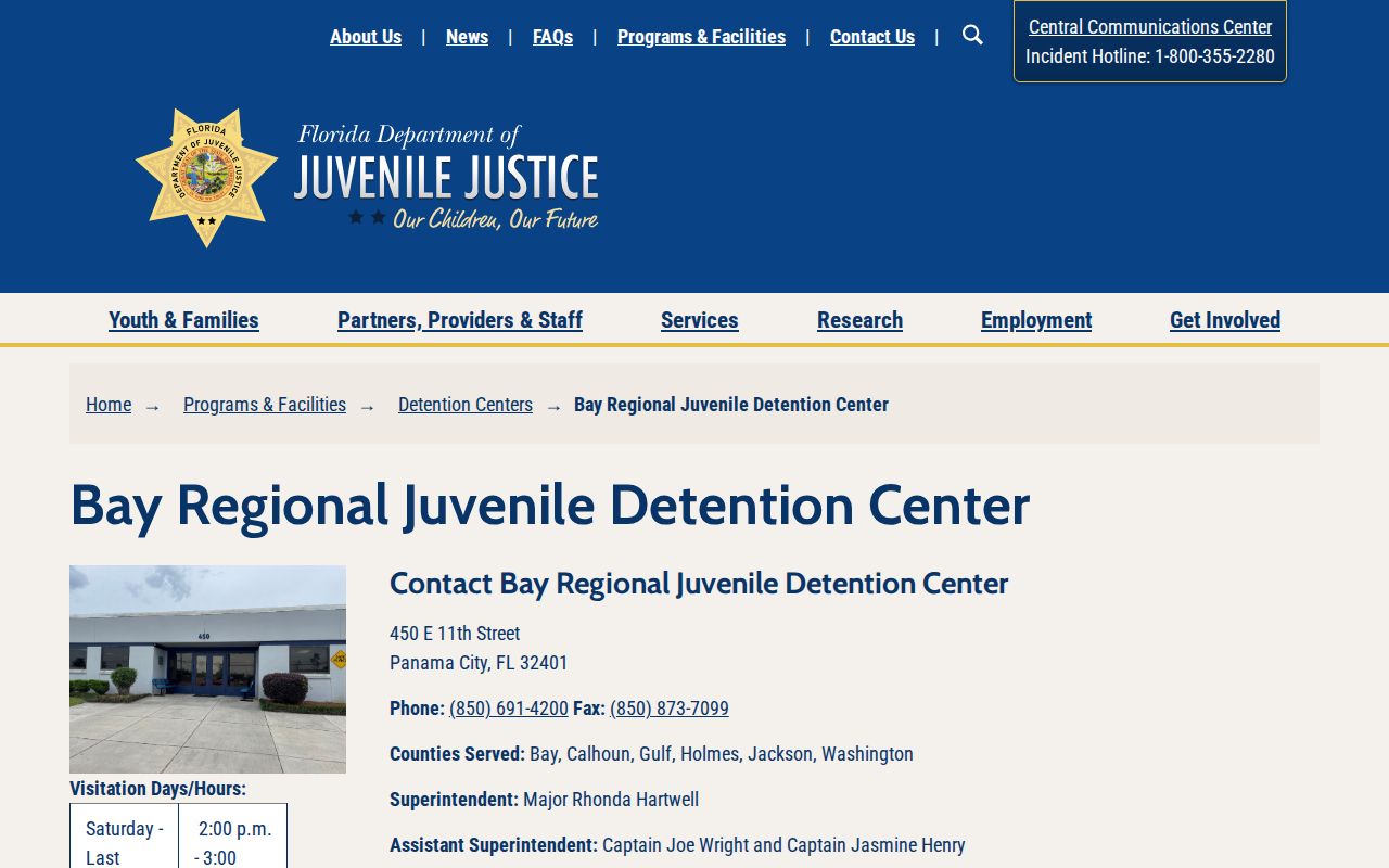 Bay Regional Juvenile Detention Center release information for Gulf County youth