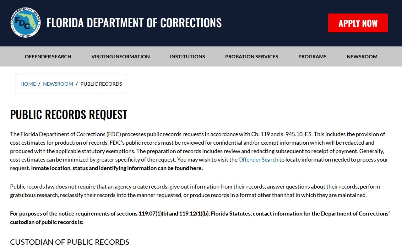 FDC public records route for Gulf Correctional Institution release and movement records