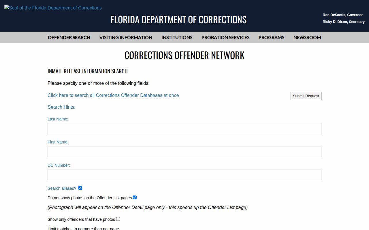 Florida release search fields for Gulf County state inmates
