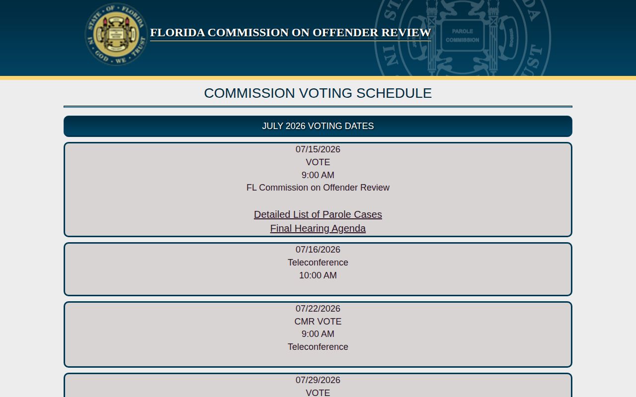 Florida Commission on Offender Review voting calendar for parole matters