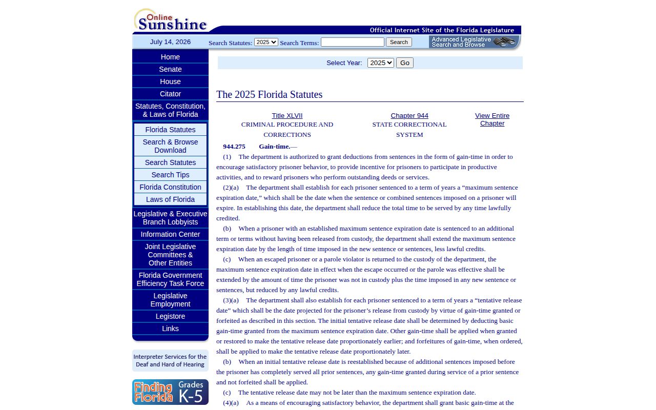Florida tentative release date and gain-time statute used for FDC sentences