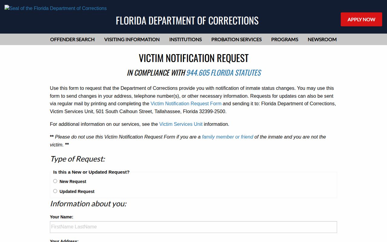 FDC victim notification request eligibility warning for Florida custody alerts